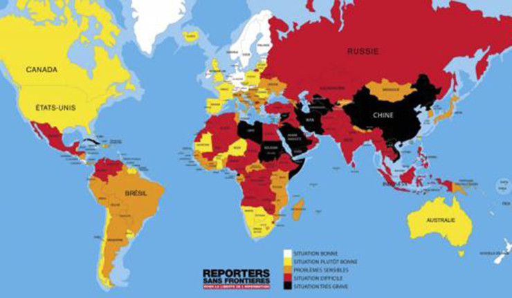 La cartina di Rsf sulla libertà di stampa nel mondo nel 2016